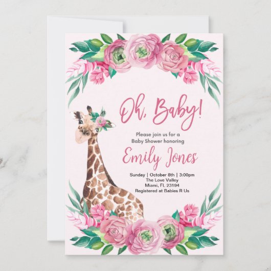 Pink Giraffe Floral Baby Shower Kaart (Voorkant)