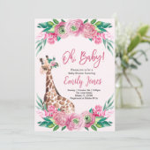 Pink Giraffe Floral Baby Shower Kaart (Staand voorkant)