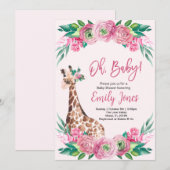 Pink Giraffe Floral Baby Shower Kaart (Voorkant / Achterkant)