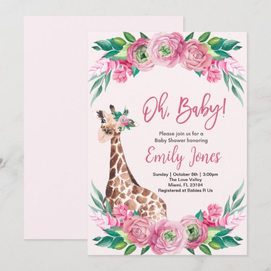 Pink Giraffe Floral Baby Shower Kaart (Voorkant / Achterkant)