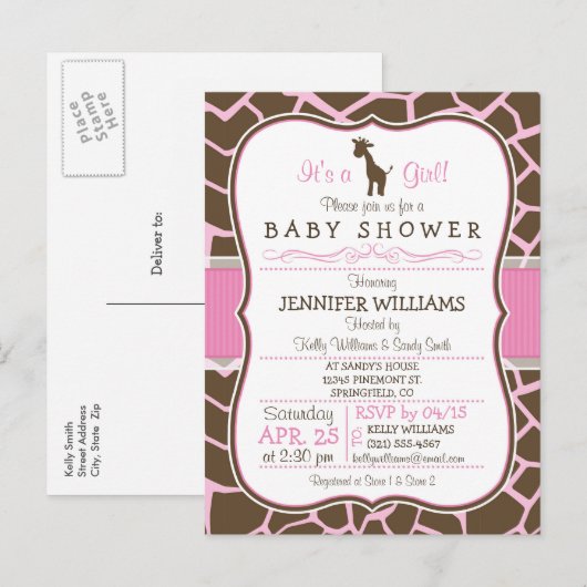 Pink Giraffe Girl Baby shower Briefkaart Uitnodigi (Voorkant / Achterkant)