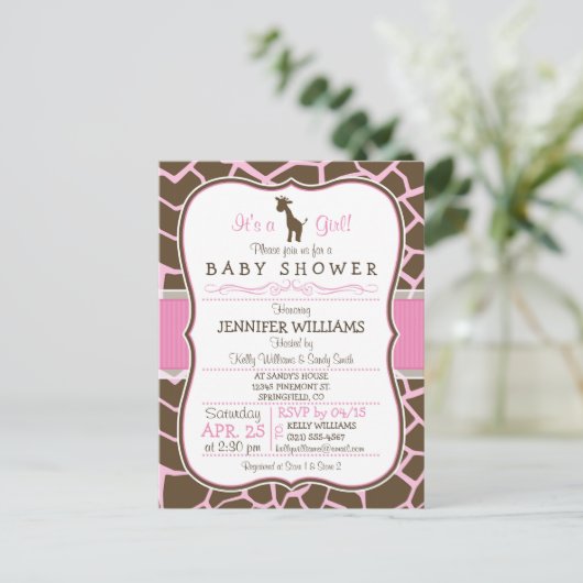 Pink Giraffe Girl Baby shower Briefkaart Uitnodigi (Staand voorkant)