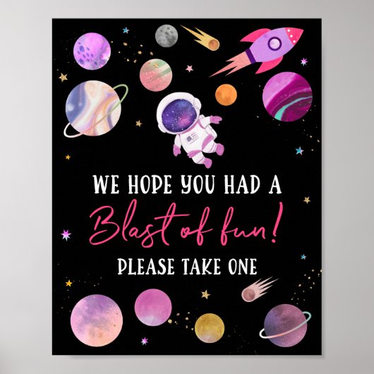 Pink Girl Astronaut Blast Fun Birthday Favor Poster (Voorkant)