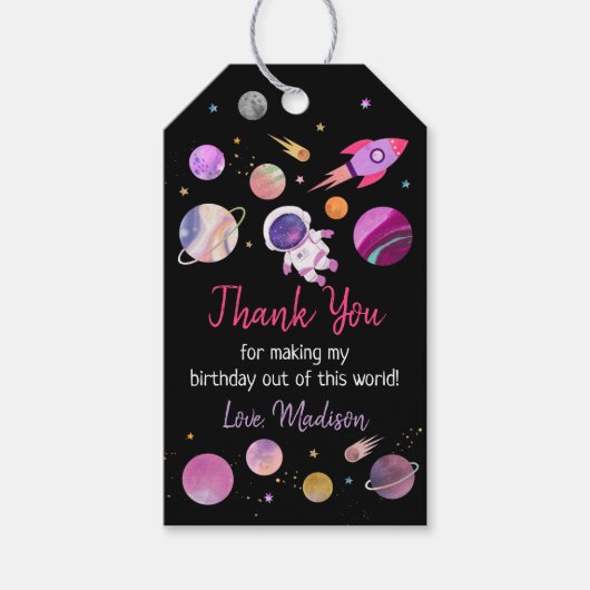 Pink Girl Astronaut Buitenspatie Birthday Cadeaulabel (Voorkant)