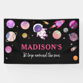 Pink Girl Astronaut Buitenspatie Birthday Spandoek (Horizontaal)