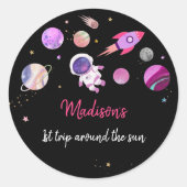 Pink Girl Astronaut Buitenspatie Eerste verjaardag Ronde Sticker (Voorkant)