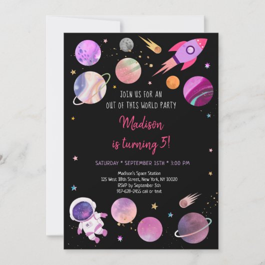 Pink Girl Astronaut Space Birthday Kaart (Voorkant)