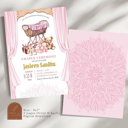 Pink Girl Baby shower Cradle Ceremony Kaart