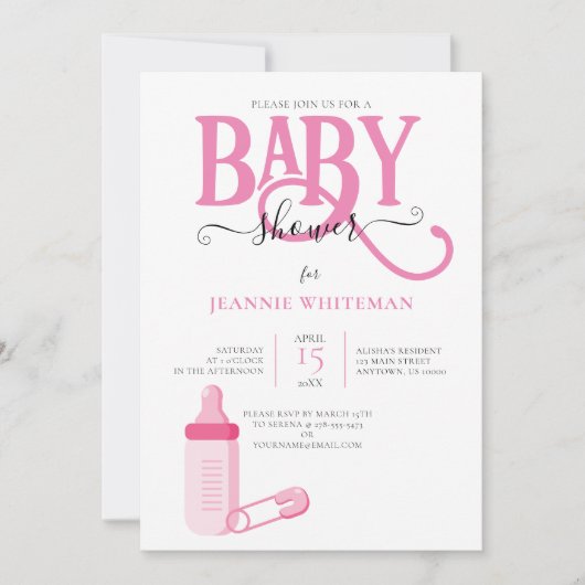 PINK GIRL BABY SHOWER MET BABY FLES KAART (Voorkant)