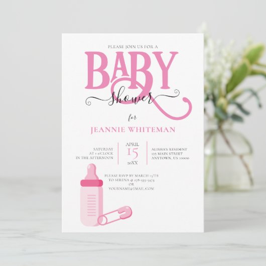 PINK GIRL BABY SHOWER MET BABY FLES KAART (Staand voorkant)