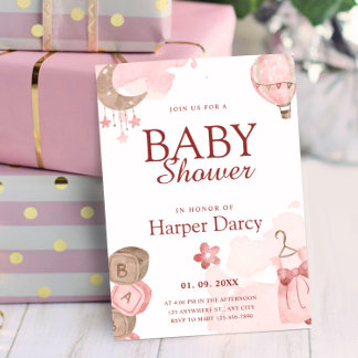 Pink Girl Baby Shower with Moon & Hot Air Balloon Kaart