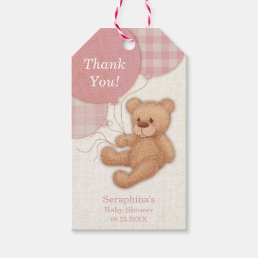 Pink Girl Balloon Teddy Bear Bedankt Cadeaulabel (Voorkant)