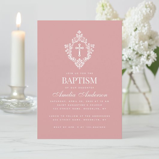 Pink Girl Baptism Cross & Crest Elegant Dusty Rose Kaart
