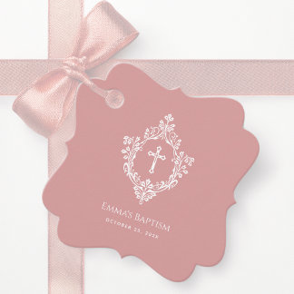Pink Girl Baptism Dusty Rose Elegant Cross & Crest Bedankjes Labels