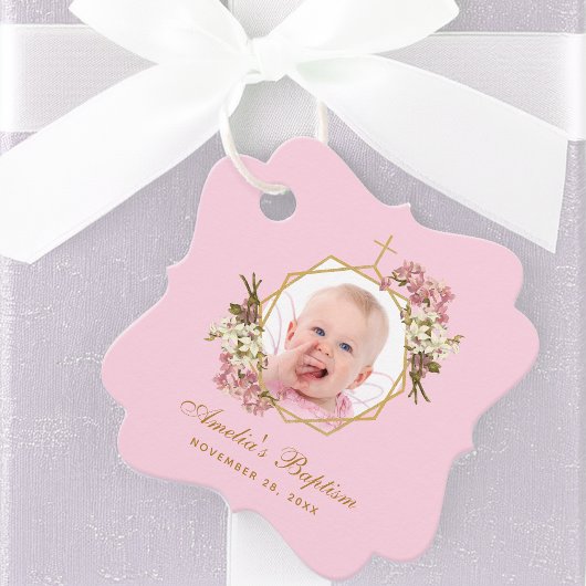 Pink Girl Baptism Foto Floral Geometric Orchids Bedankjes Labels