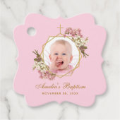 Pink Girl Baptism Foto Floral Geometric Orchids Bedankjes Labels (Voorkant)