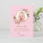 Pink Girl Baptisme Foto Orchids Floral Geometric Bedankkaart (Staand voorkant)