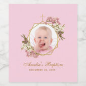Pink Girl Baptisme Foto Orchids Floral Geometric Wijn Etiket (Enkel label)