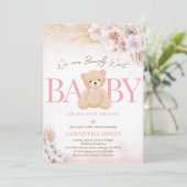 Pink Girl Bear Boho Baby Shower Kaart (Staand voorkant)