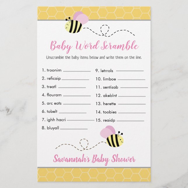 Pink Girl Bee Baby shower Baby Word Scramble Game (Voorkant)