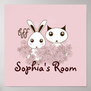 Pink Girl BFF Cute Cartoon Kitten en Bunny Kinder Poster