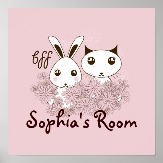 Pink Girl BFF Cute Cartoon Kitten en Bunny Kinder Poster (Voorkant)