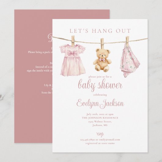 Pink Girl Clothesline Baby Shower All In One Kaart (Voorkant / Achterkant)