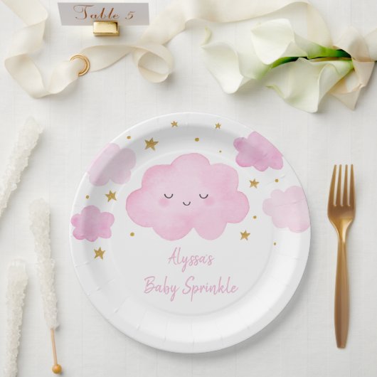 Pink Girl Cloud Stars Baby Sprinkle Papieren Bordje (Huwelijk)