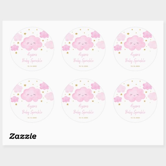 Pink Girl Cloud Stars Baby Sprinkle Ronde Sticker (Vel)