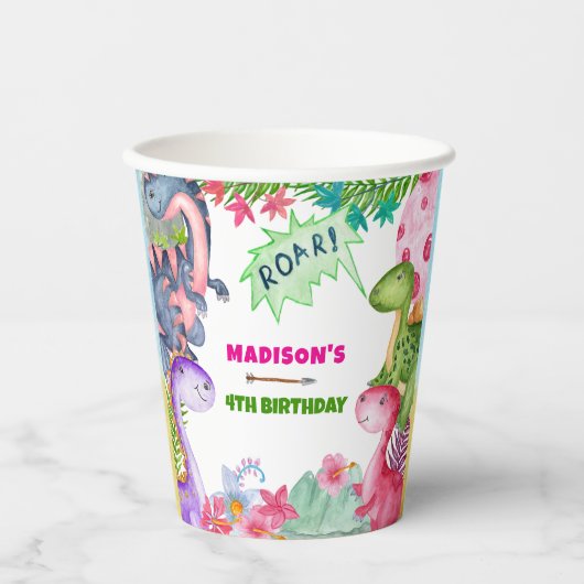 Pink Girl Dinosaur 4th Birthday Party  Papieren Bekers (Voorkant)
