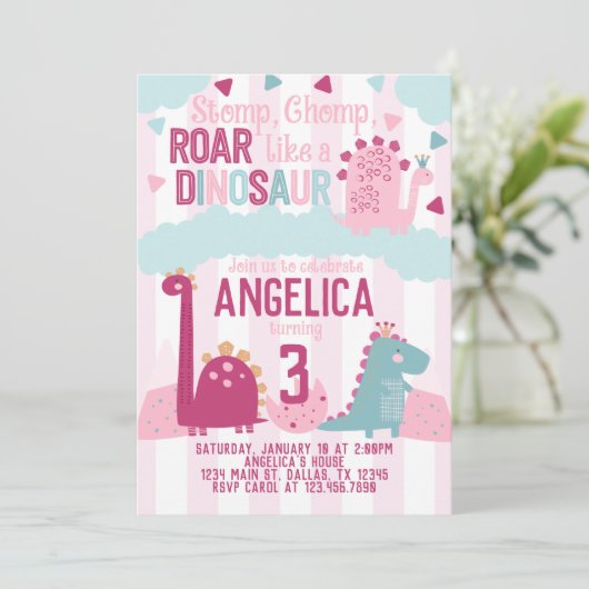 Pink Girl Dinosaur Birthday Party Thleed Kaart (Staand voorkant)