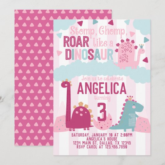 Pink Girl Dinosaur Birthday Party Thleed Kaart (Voorkant / Achterkant)