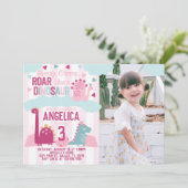 Pink Girl Dinosaur Birthday Party Thlek Invitatio Kaart (Staand voorkant)