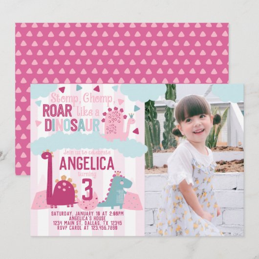 Pink Girl Dinosaur Birthday Party Thlek Invitatio Kaart (Voorkant / Achterkant)