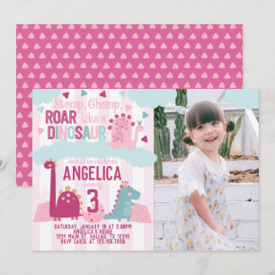 Pink Girl Dinosaur Birthday Party Thlek Invitatio Kaart