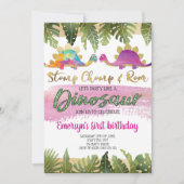 Pink Girl Dinosaur Birthday Uitnodiging (Voorkant)