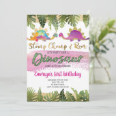 Pink Girl Dinosaur Birthday Uitnodiging (Staand voorkant)