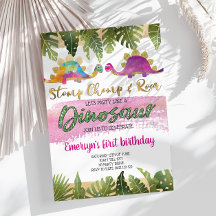 Pink Girl Dinosaur Birthday Uitnodiging