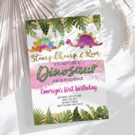 Pink Girl Dinosaur Birthday Uitnodiging