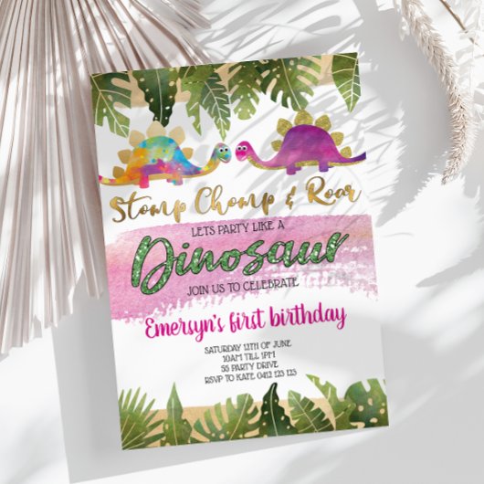 Pink Girl Dinosaur Birthday Uitnodiging