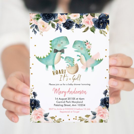 Pink Girl Dinosaur Couple Shower Kaart