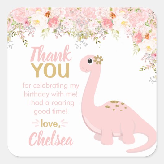 Pink Girl Dinosaur Floral Favor Vierkante Sticker (Voorkant)