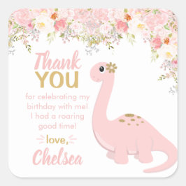 Pink Girl Dinosaur Floral Favor Vierkante Sticker