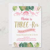 Pink Girl Dinosaur THREE REX Birthday Invitation Kaart (Voorkant)