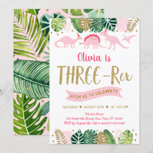 Pink Girl Dinosaur THREE REX Birthday Invitation Kaart