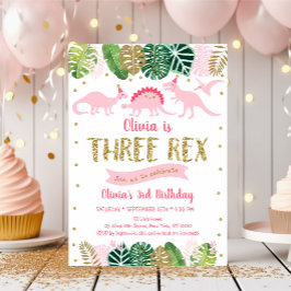 Pink Girl Dinosaur THREE REX Birthday Kaart