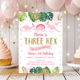 Pink Girl Dinosaur THREE REX Birthday Kaart