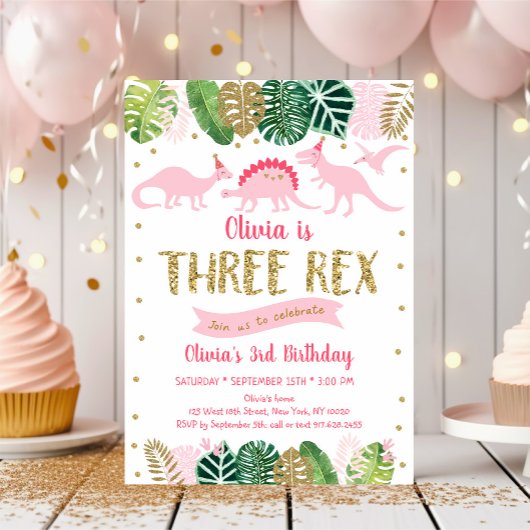 Pink Girl Dinosaur THREE REX Birthday Kaart