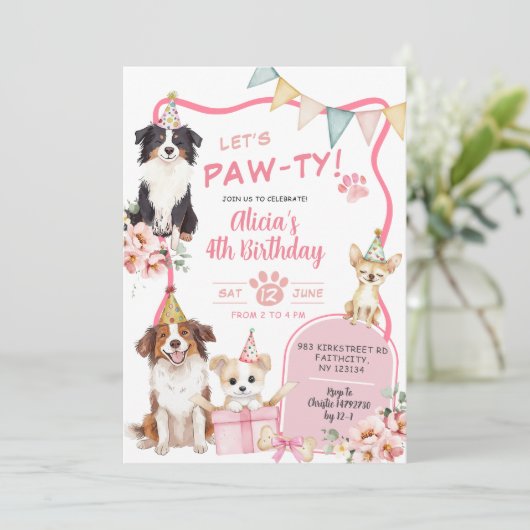 Pink Girl Dog let's Pawty Birthday Invitation Kaart (Staand voorkant)