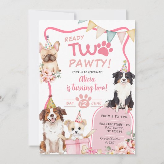 Pink Girl Dog Ready TWO pawty Kaart (Voorkant)